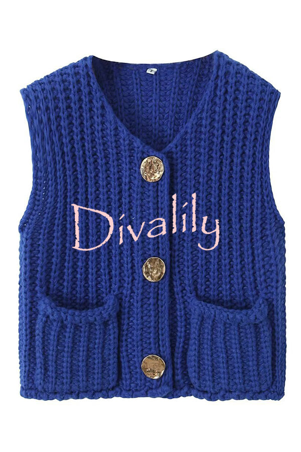 Solid Color Sleeveless Pocket Knitted Vest