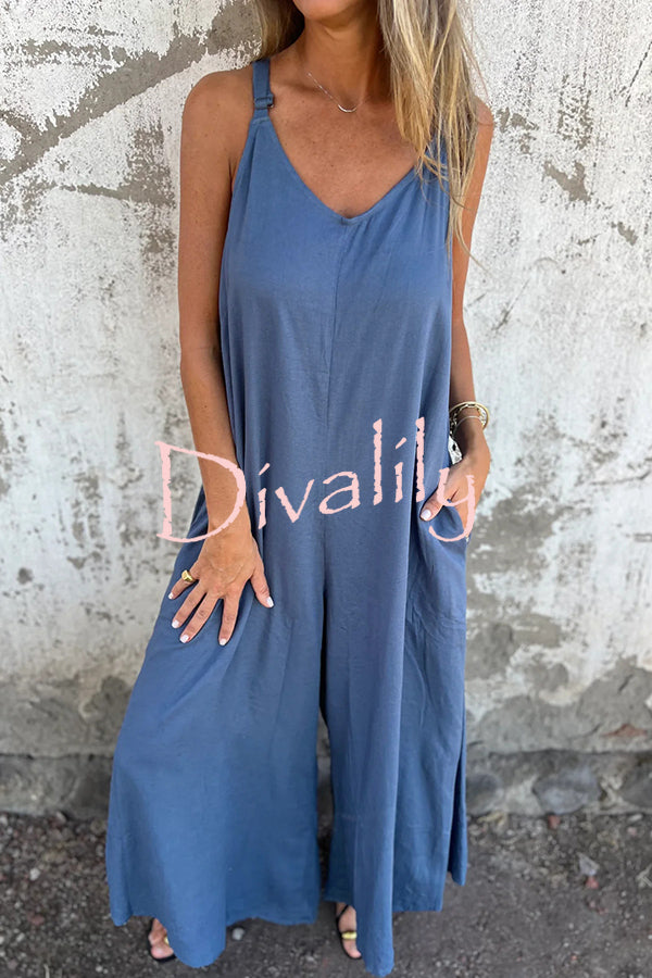 Linen Blend Solid Color Suspenders Loose Pockets Casual Wide-leg Jumpsuit