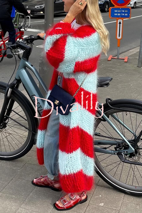 Fashionable Contrast Stripes Lazy Style Loose Long Knitted Cardigan