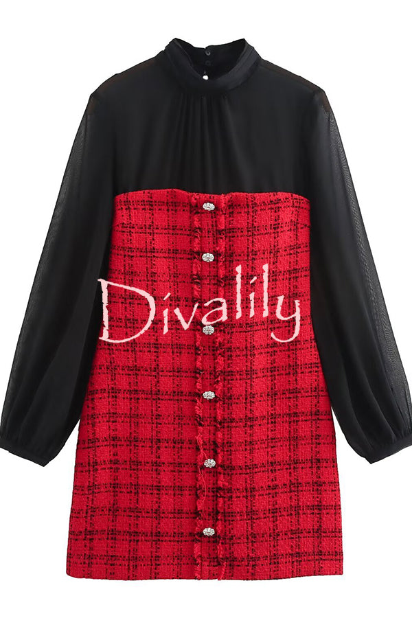 Festive Elegance Tulle Plaid Tweed Patchwork Balloon Sleeve Mini Dress