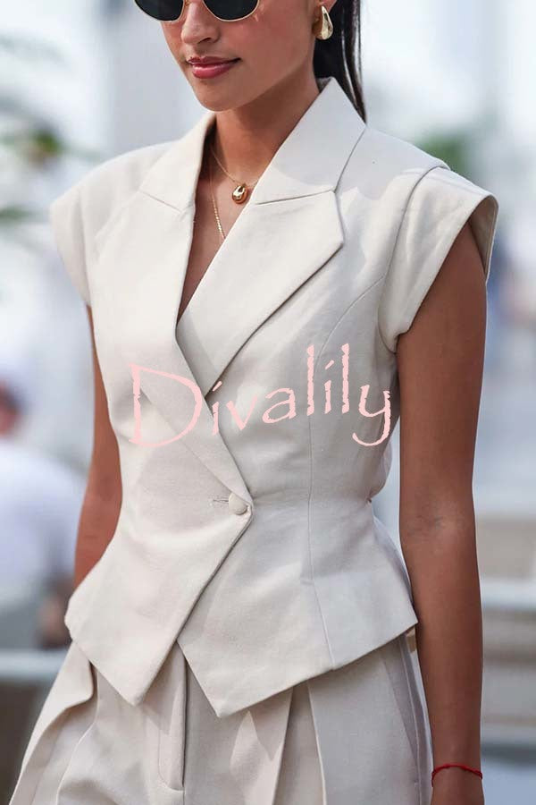 Raya Single Button Cape Sleeve Tie-up Lapel Top and  Pleated Waist Pocket Pants Set