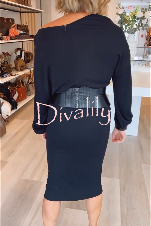 Winston Faux Leather Patchwork Wide Belt Design One Shoulder Stretch Midi Dress