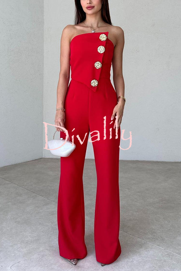 Solid Color Sexy Tube Top Gold Button Embellished Bootcut Jumpsuit