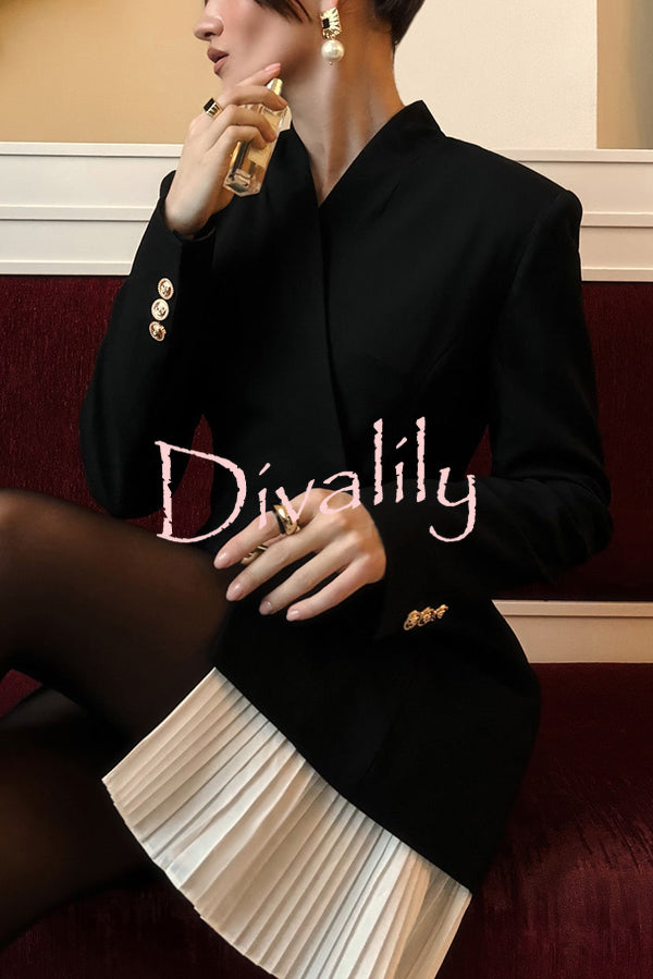 Fashionable Contrast Color Elegant Long Sleeve Pleated Suit Mini Dress