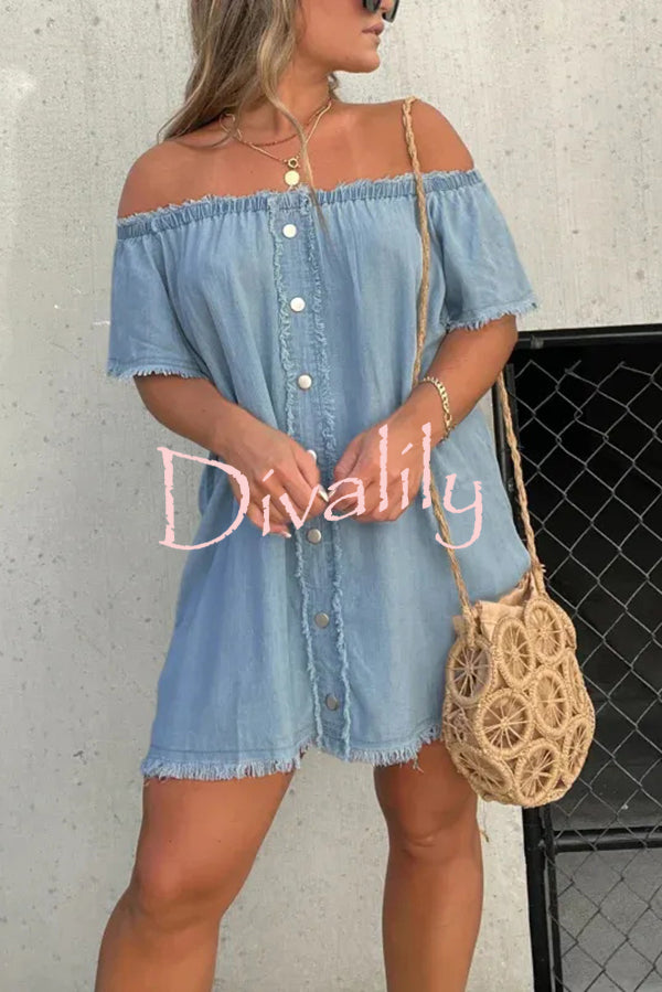 Fashionable Off Shoulder Short-sleeved Loose Denim Mini Dress