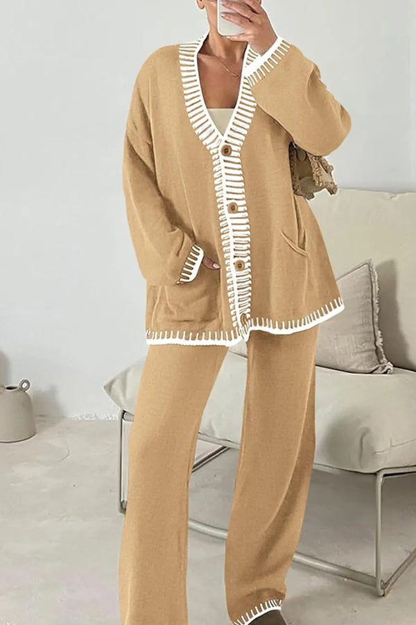 Fashion Casual Knitted Long Sleeve Pocket Cardigan and Elastic Waist Loose Wide Leg Pants Set