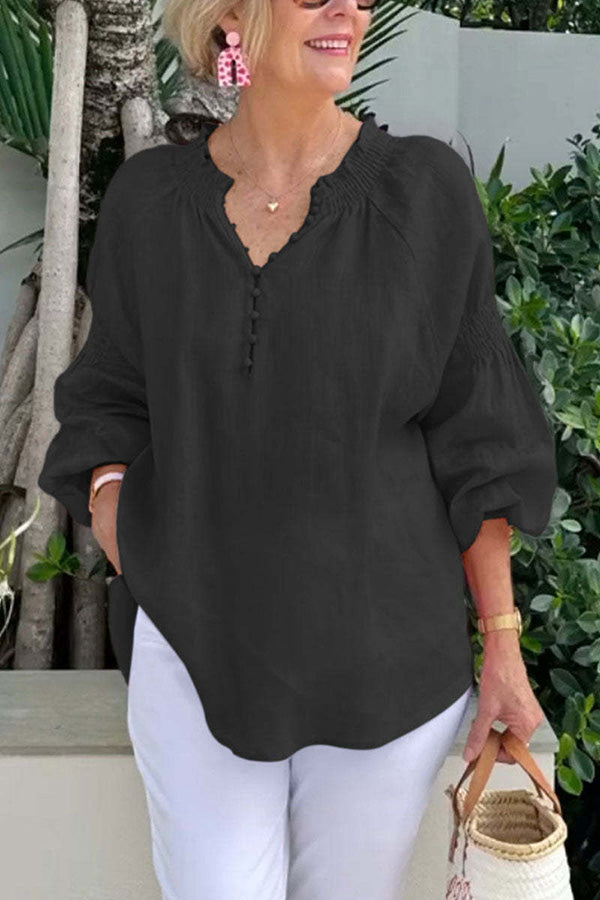 Solid Color V-neck Puff Sleeve Casual Loose Top