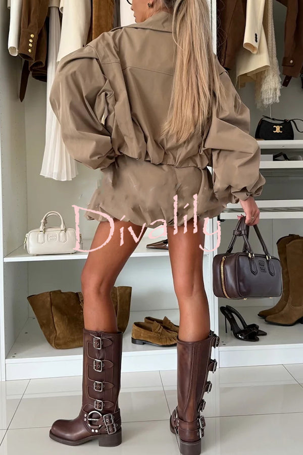 Fashion Style Button Long Balloon Sleeve Pocket Lapel Casual Bomber Jacket