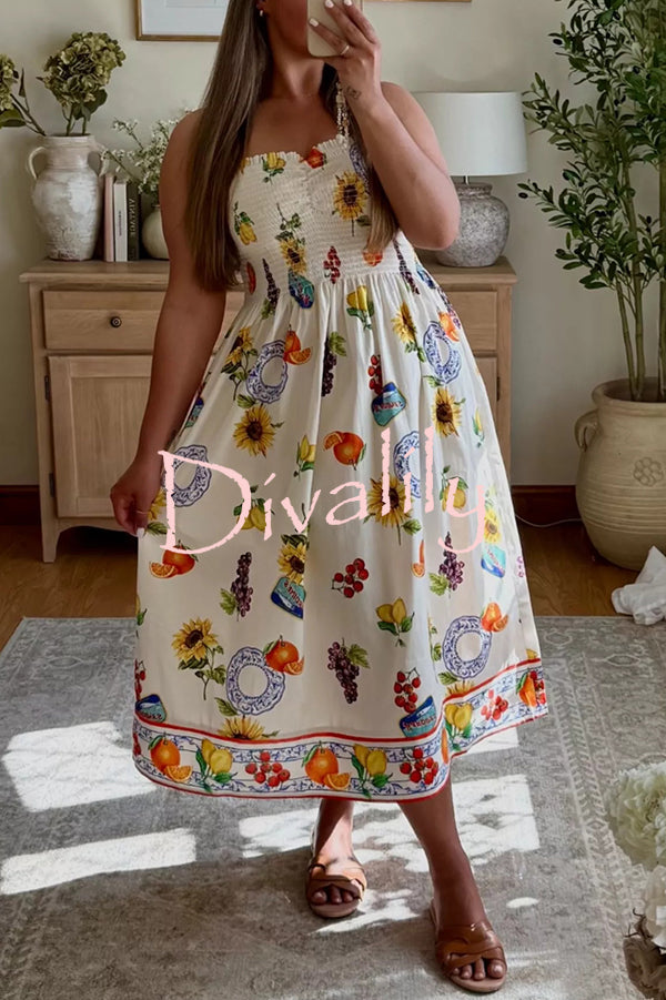 Summer Fruit Print Sling Pleated Vacation Midi Dress