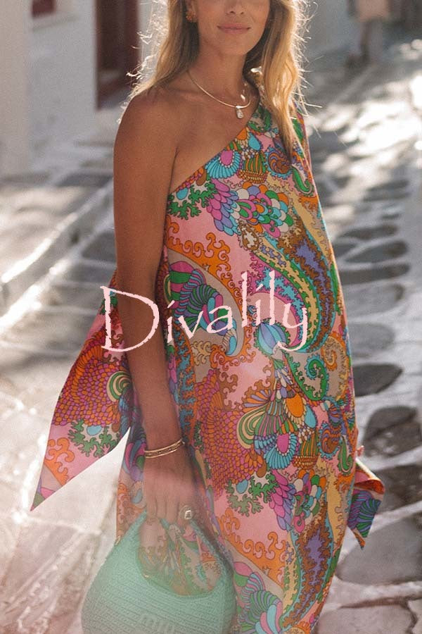 Rainbow Breeze Satin Unique Print Bow One Shoulder Loose Maxi Dress