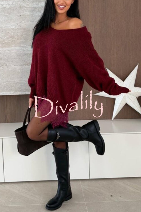 Comfy and Sweet Knit Lace Patchwork Hem Wide Neck Long Sleeve Loose Sweater