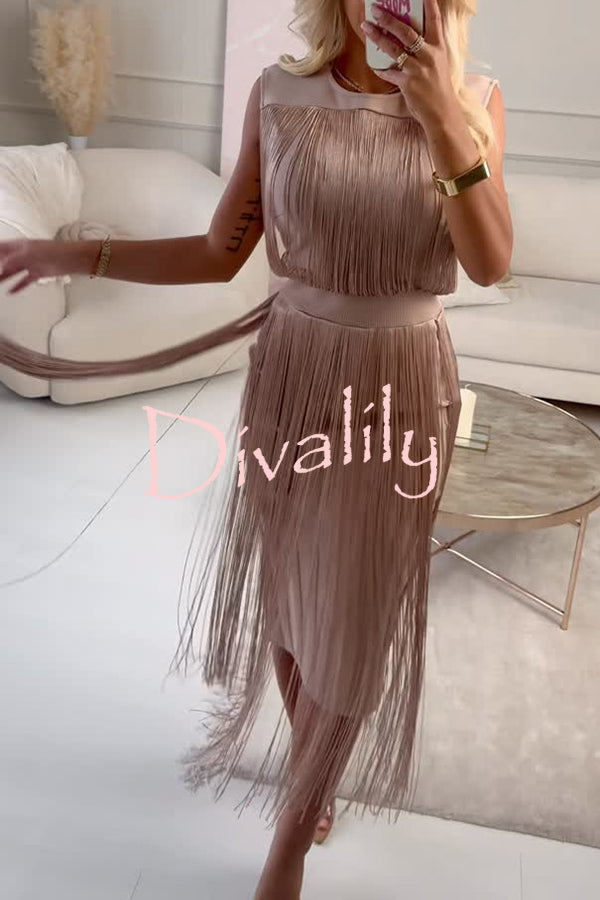 Elegant and Modern Draped Tassel Design Sleeveless Stretch Midi Dress