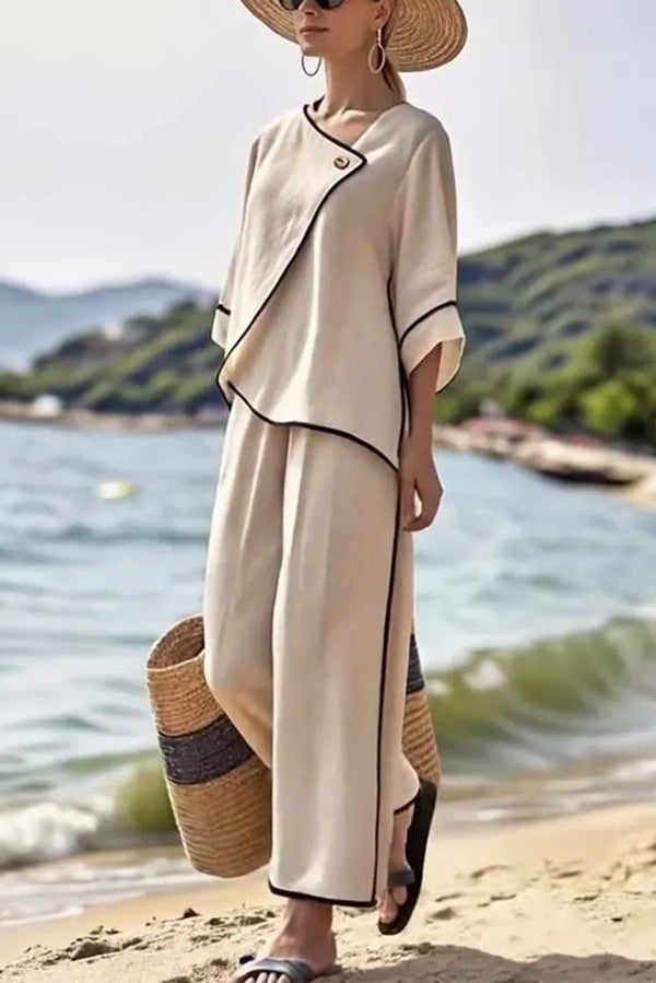 Stylish Color Trim Asymmetrical Casual Top and Elastic Waist and Wide-leg Pant Set