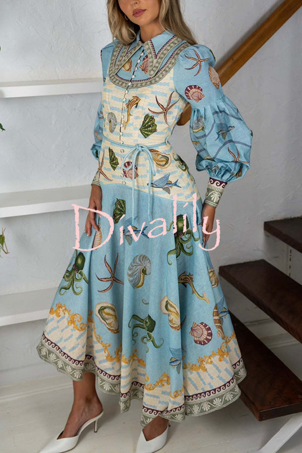 Ocean Print Lapel Button Waist Tie Resort Maxi Dress