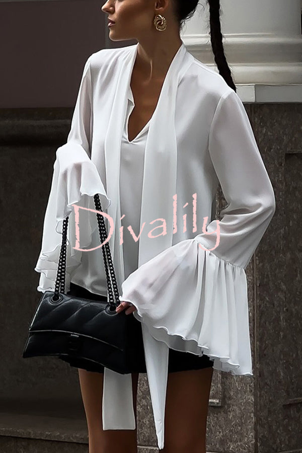 Solid Color V-neck Lace-up Flared Long-sleeved Elegant Loose Top