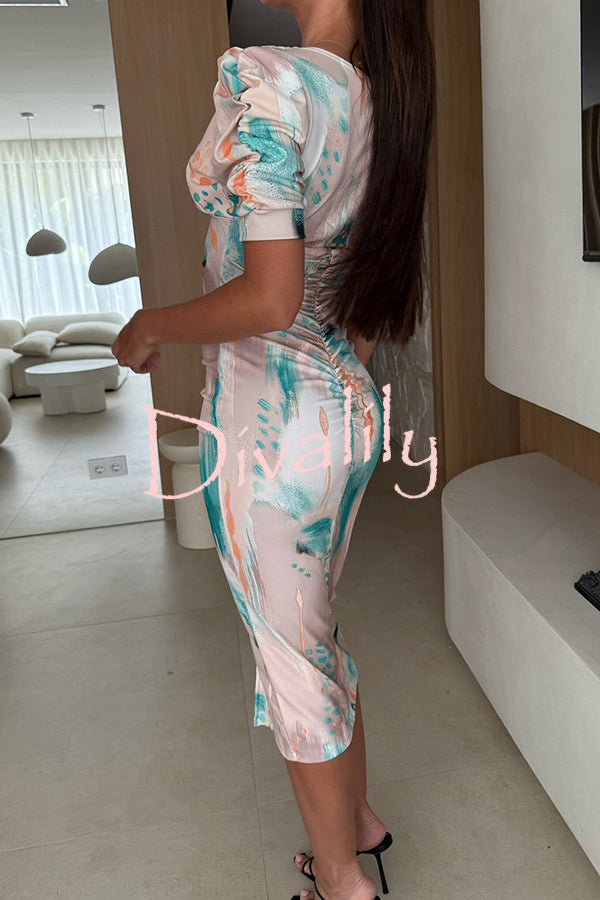 Unique Print V-Neck Puff Sleeve Slit Slim Midi Dress