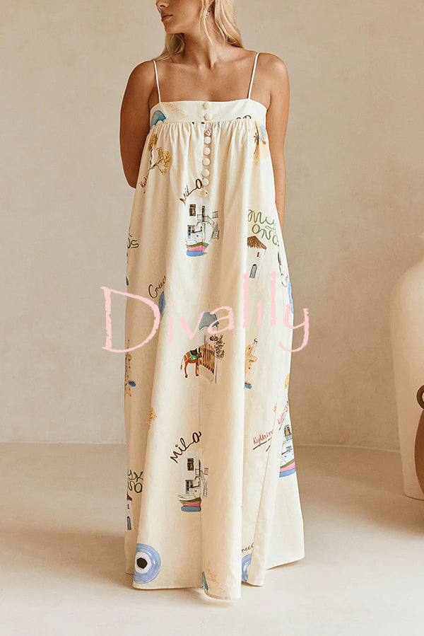 Linen Blend Sling Backless Loose Holiday Maxi Dress