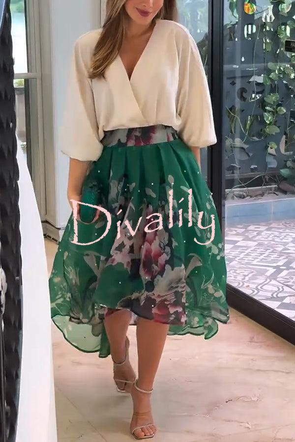 Tessy Batwing Sleeve Top and Floral Elastic Waist Pearls Detail High Low Midi Skirt Set