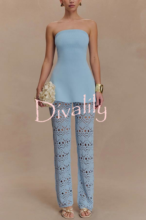 Trena Crochet Knit Hollow Mid Rise Stretch Wide Leg Pants