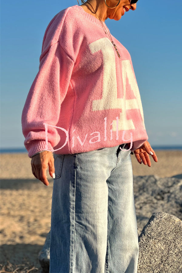 Letter Pattern Crew Neck Long Sleeve Loose Knit Sweater