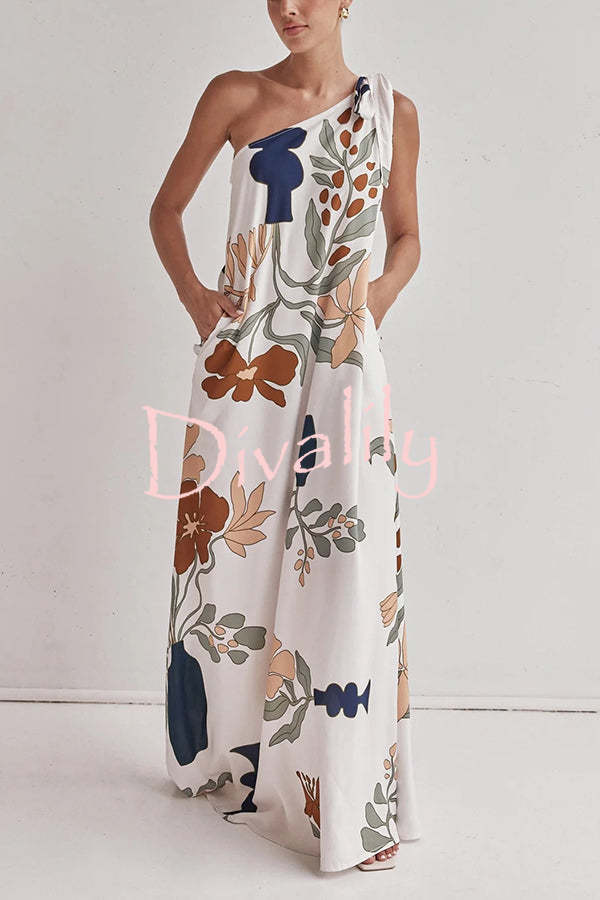 Matches The Vacation Unique Print One Shoulder Tie-up Pocketed Loose Maxi Dress