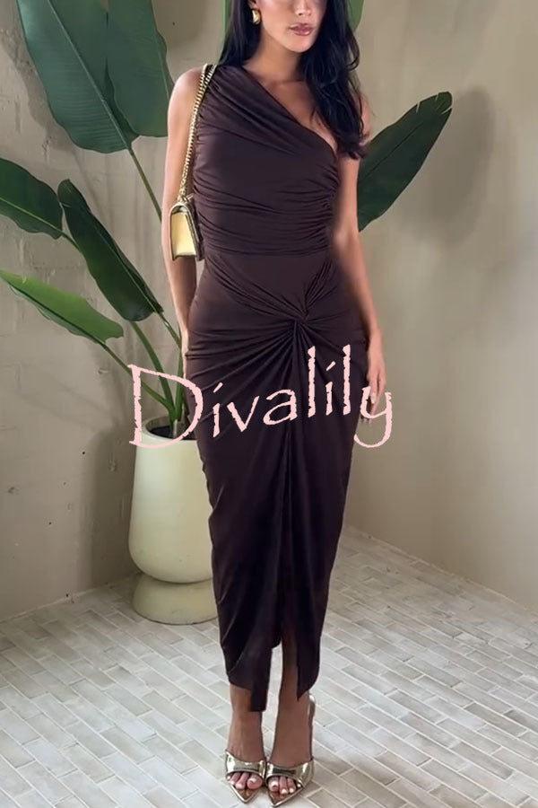 Special Attendance One Shoulder Ruched Twist Knot Slit Stretch Midi Dress