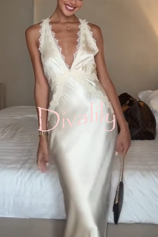 Modern Day Glam Satin Lace Trim V-neck Cross Back Maxi Dress