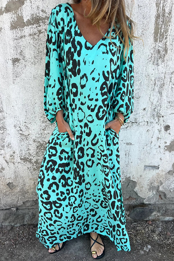 Leopard Print Loose V-neck Pocket Holiday Style Maxi Dress