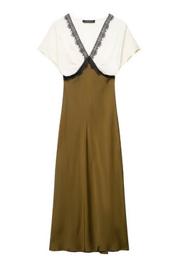 Fashionable Contrast Color V-neck Lace Stitching Maxi Dress
