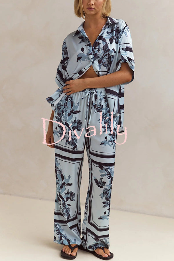 Fashionable Plant Print Loose Lapel Short Sleeve Shirt and Casual Elastic Waist Pocket Pants Set