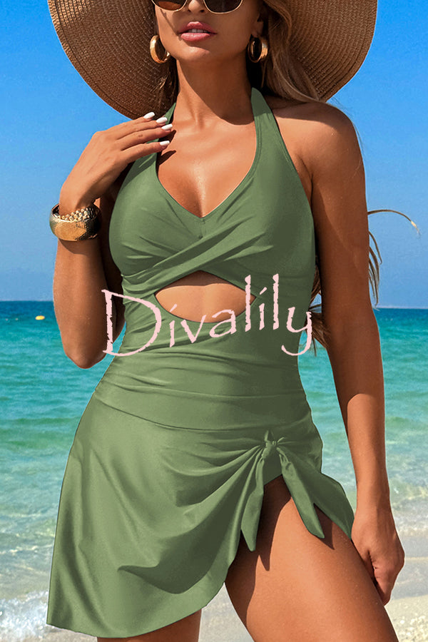 Fashionable Halterneck Waist Hollow Stretch One-piece Swimsuit