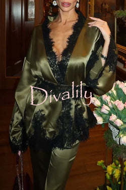 Soft Ember Satin Lace Trim Bell Sleeve Waisted Kimono Top