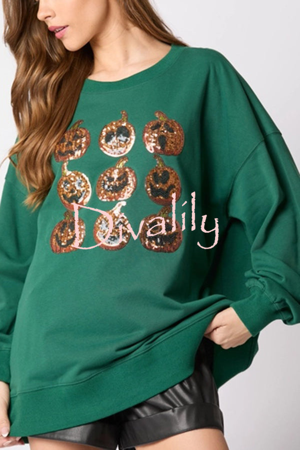 Halloween Pumpkin Sequin Loose Casual Sweatshirt