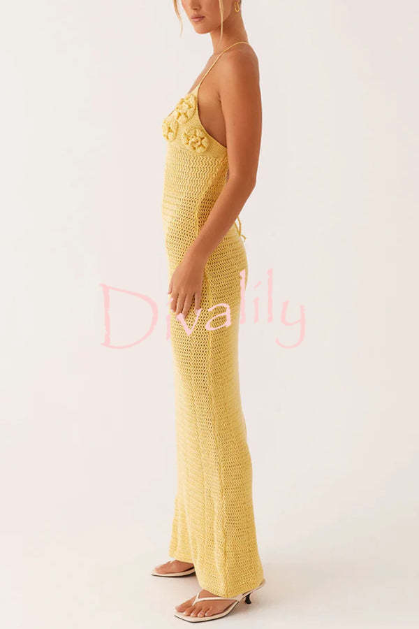 Olivia Crochet Knit Rose Texture Backless Stretch Maxi Dress