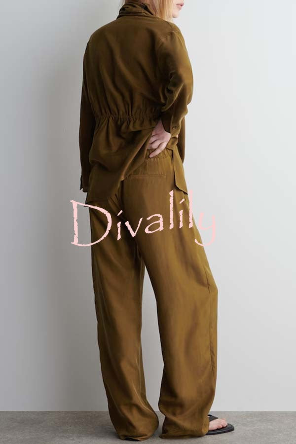 Bella Satin Drape Collar Single Button Casual Blazer and Elastic Waist Pocket Loose Pants Set