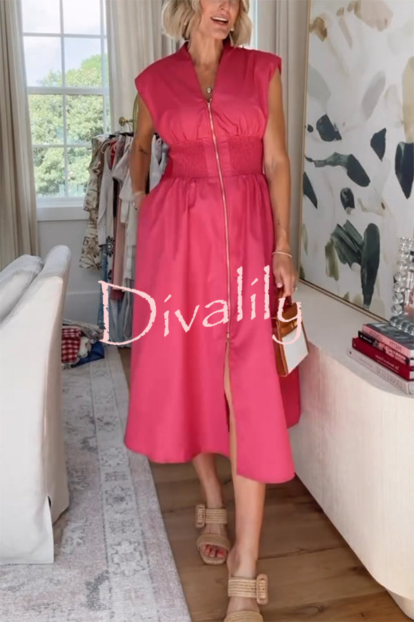 Workdays or Weekends Front Zipper Smocked Waist Pocket Loose Midi Dress