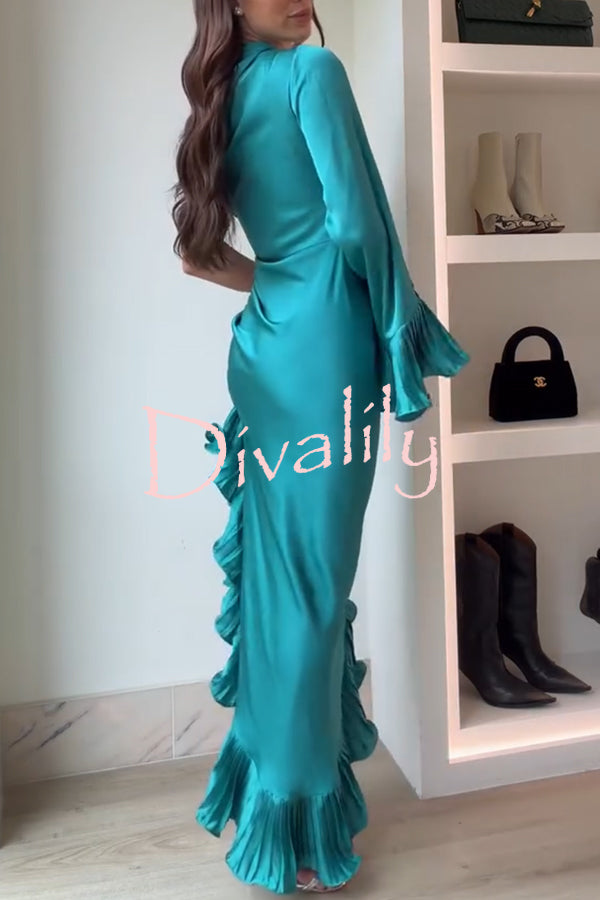 Elegant Satin One Shoulder Sleeve Pleated Ruffles Trim Ruched Asymmetrical Maxi Dress