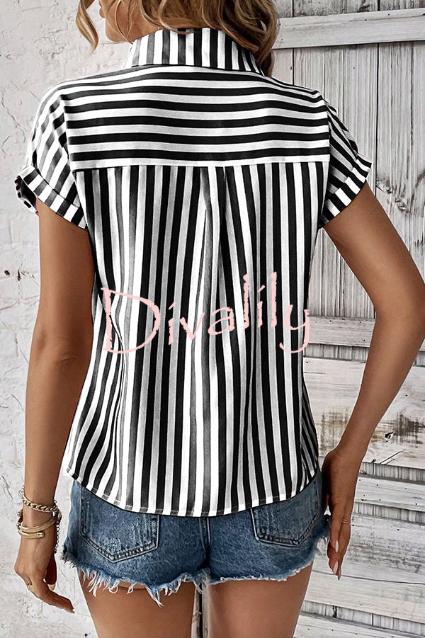 Striped Print Short Sleeve Pocket Shirt Top