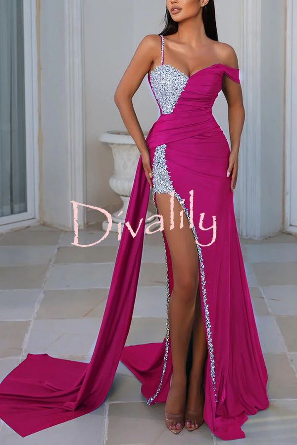 Adelynn Sequin Patchwork One Shoulder Ruched Slit Prom Maxi Dress