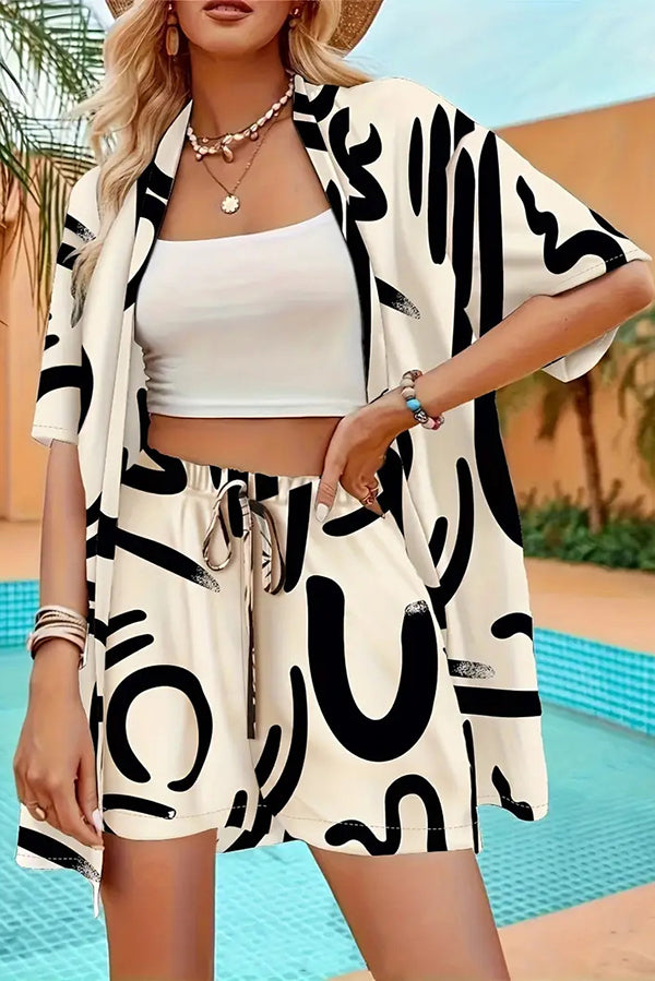 Unique Print Vacation Short-sleeved Cardigan Top and Elastic Waist Pocket Shorts Set