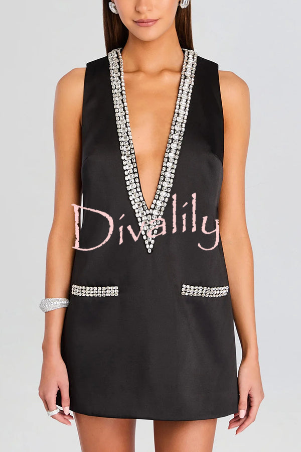 Elegant Demeanor Satin Gemstone Trim Deep V-Neck Tank H-line Mini Dress