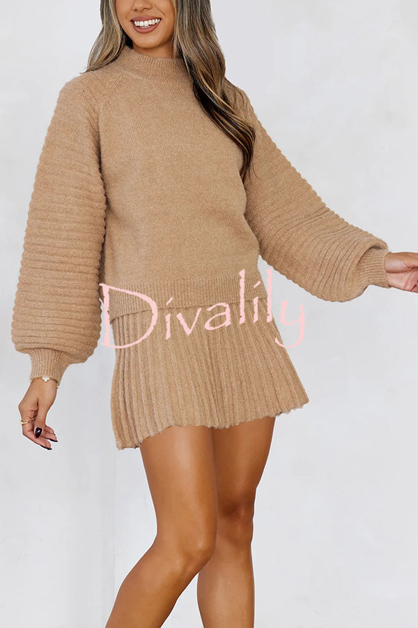 Solid Color Round Neck Puff Sleeve Loose Knit Sweater and Casual Striped Mini Skirt Set