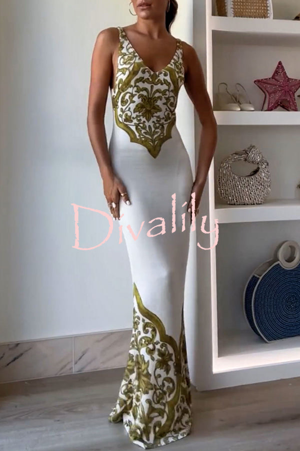 Sicilian Inspired Knit Symmetrical Unique Print Stretch Fishtail Maxi Dress