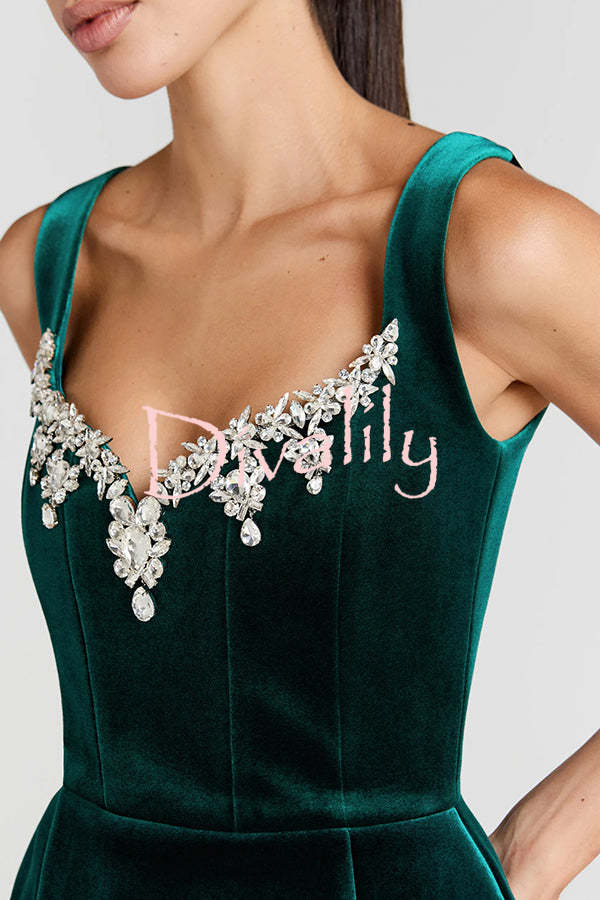 Blair Luxurious Velvet Jewel-encrusted Sweetheart Neck Pocket Tulip Stretch Mini Dress