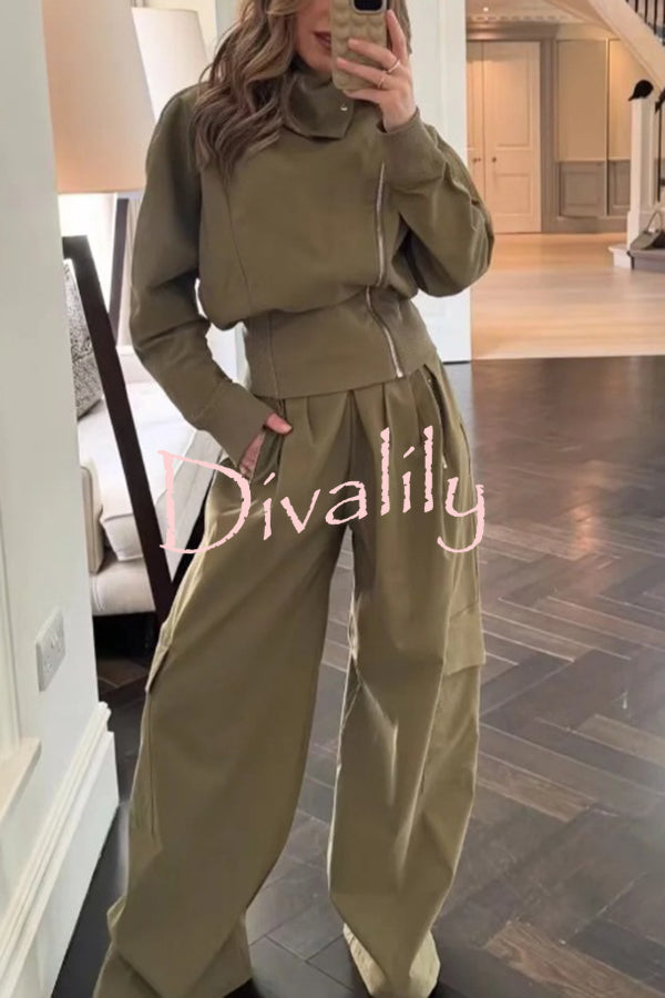 Fashionable High-neck Long-sleeved Zippered Simple Jacket