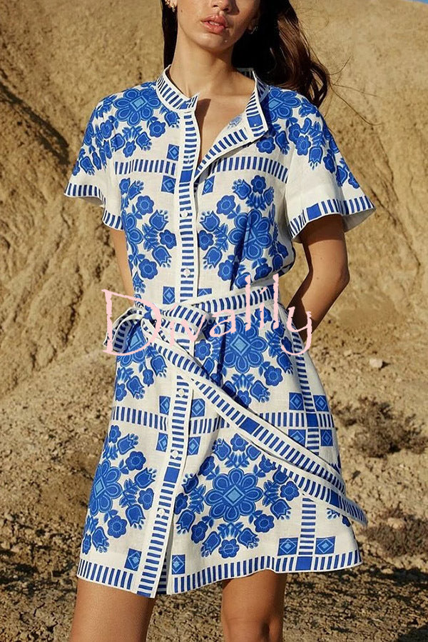 Unique Print Short Sleeve Button Tie Waist Mini Dress