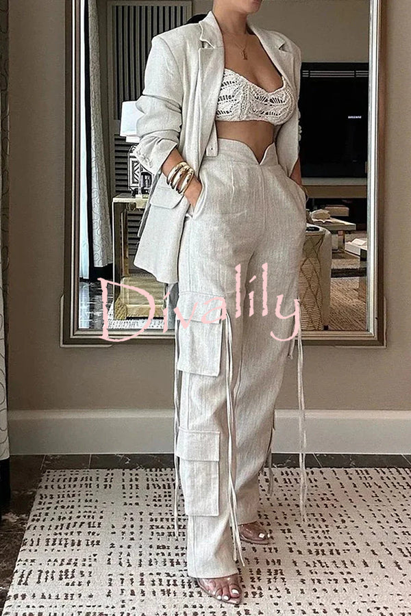 Stylish Lapel Long Sleeve Loose Jacket and Casual Pocket Lace-up Straight Leg Pants Set