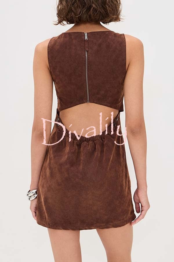 Atlas Faux Suede Open Back Button Accents Zipper Mini Dress