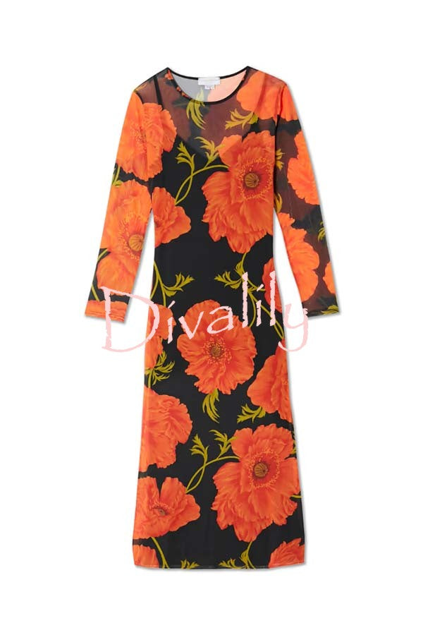 Perfect Cross-season Mesh Poppy Flower Print Long Sleeve Stretch Maxi Dress