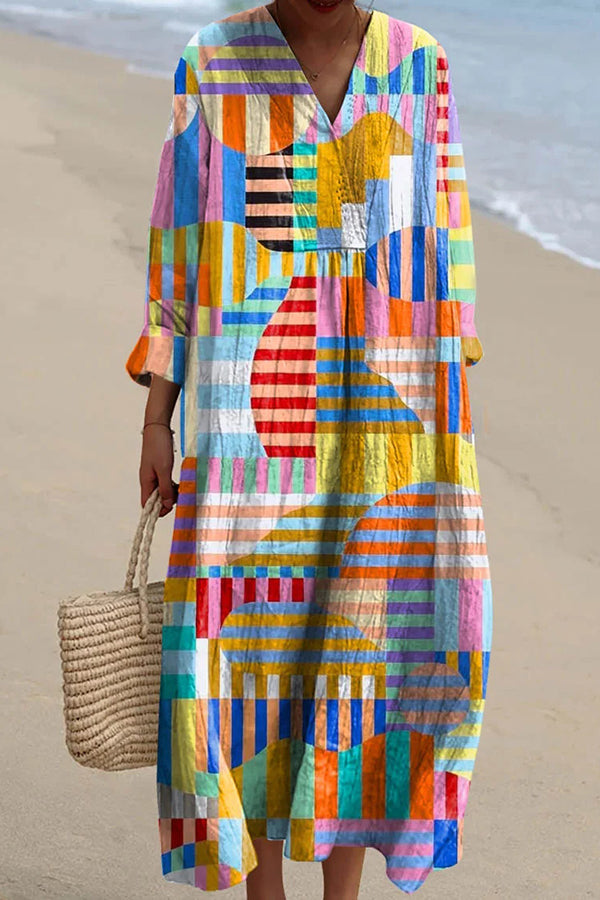 Colorful Geometric Print V-Neck Long Sleeve Loose Midi Dress